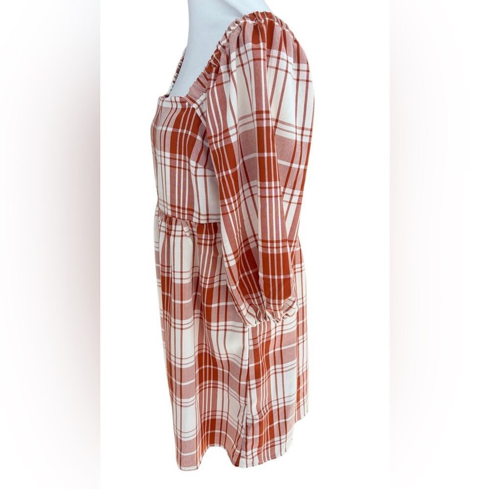 Monteau Los Angles red/rust/white plaid square neck babydoll dress size medium. - Picture 5 of 8